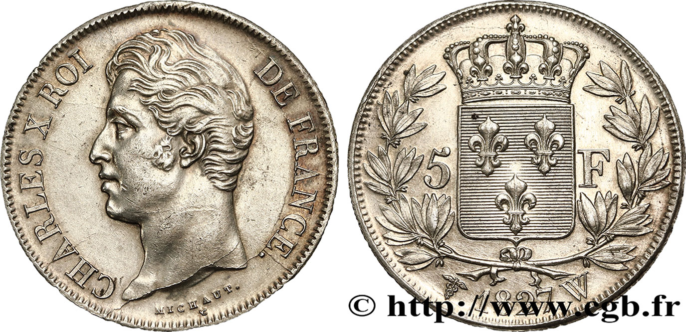 5 francs Charles X, 2e type 1827 Lille F.311/13 EBC55 