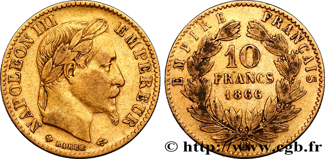 10 francs or Napoléon III, tête laurée, type définitif à grand 10 1866 Strasbourg F.507A/14 BC28 