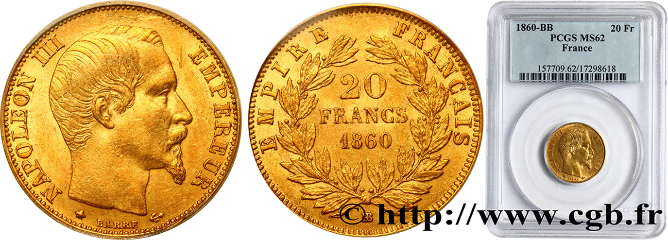 20 francs or Napoléon III, tête nue 1860 Strasbourg F.531/20 MS62 PCGS