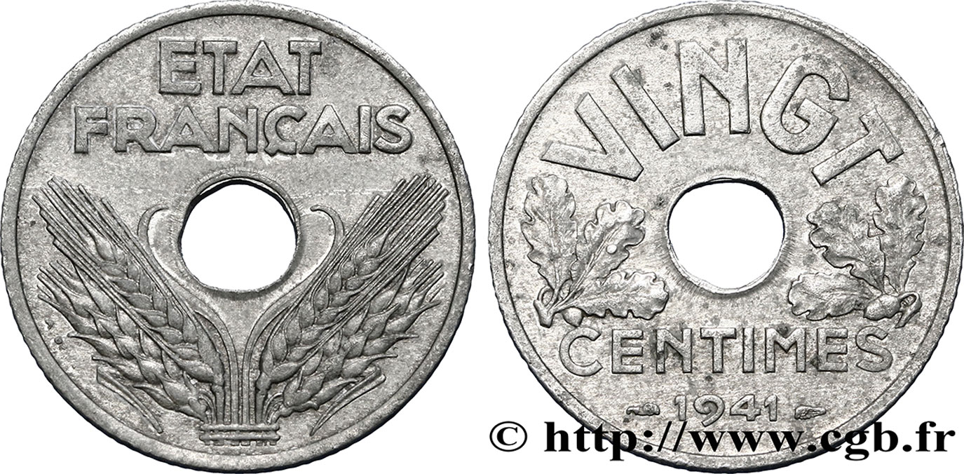 VINGT centimes État français, cannelures larges 1941  F.152/3 XF48 
