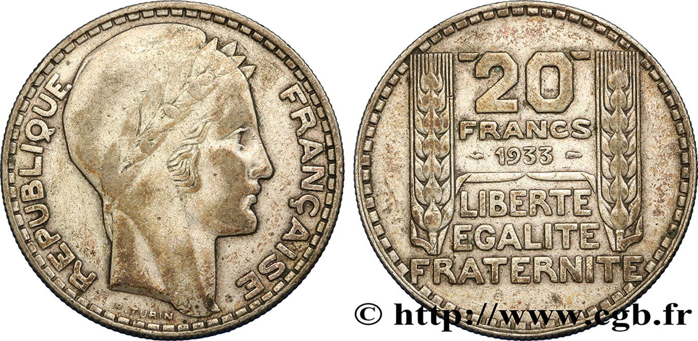20 francs Turin, rameaux longs 1933  F.400/5 VF32 