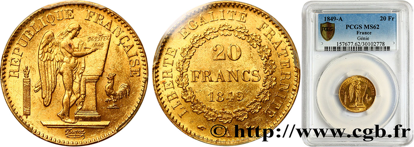 20 francs or Génie, IIe République 1849 Paris F.528/2 MS62 PCGS