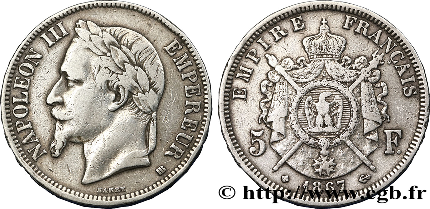 5 francs Napoléon III, tête laurée 1867 Strasbourg F.331/10 TB 