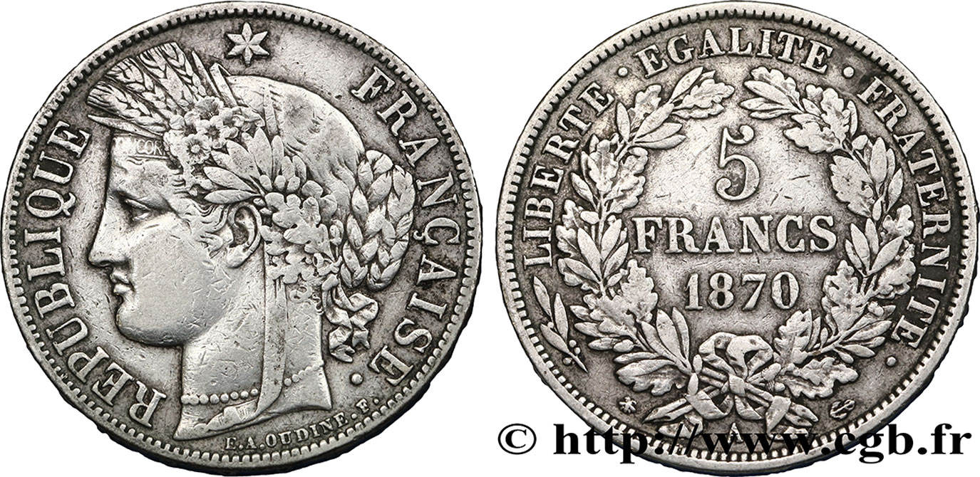 5 francs Cérès, avec légende 1870 Paris F.333/1 TB35 