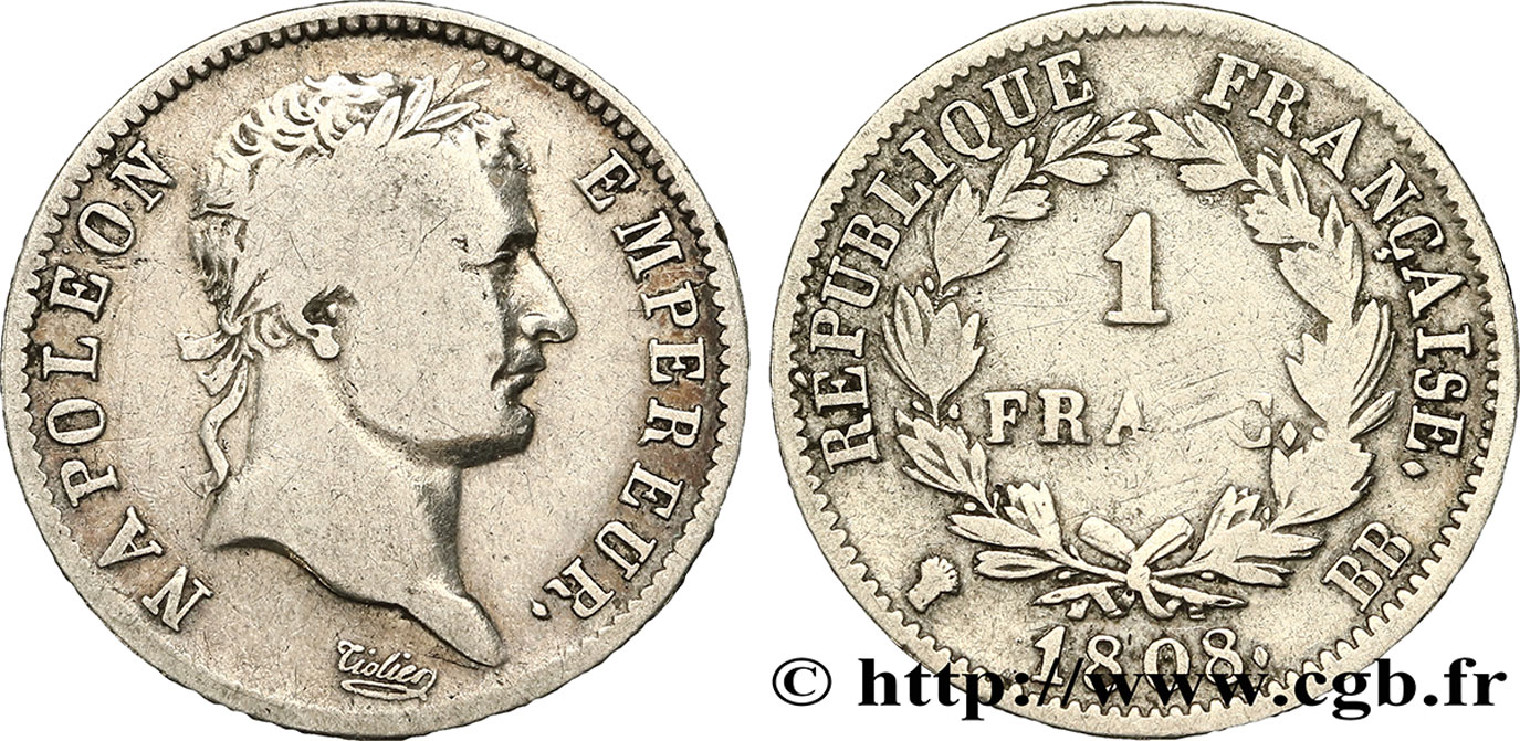 1 franc Napoléon Ier tête laurée, République française 1808 Strasbourg F.204/4 BC15 