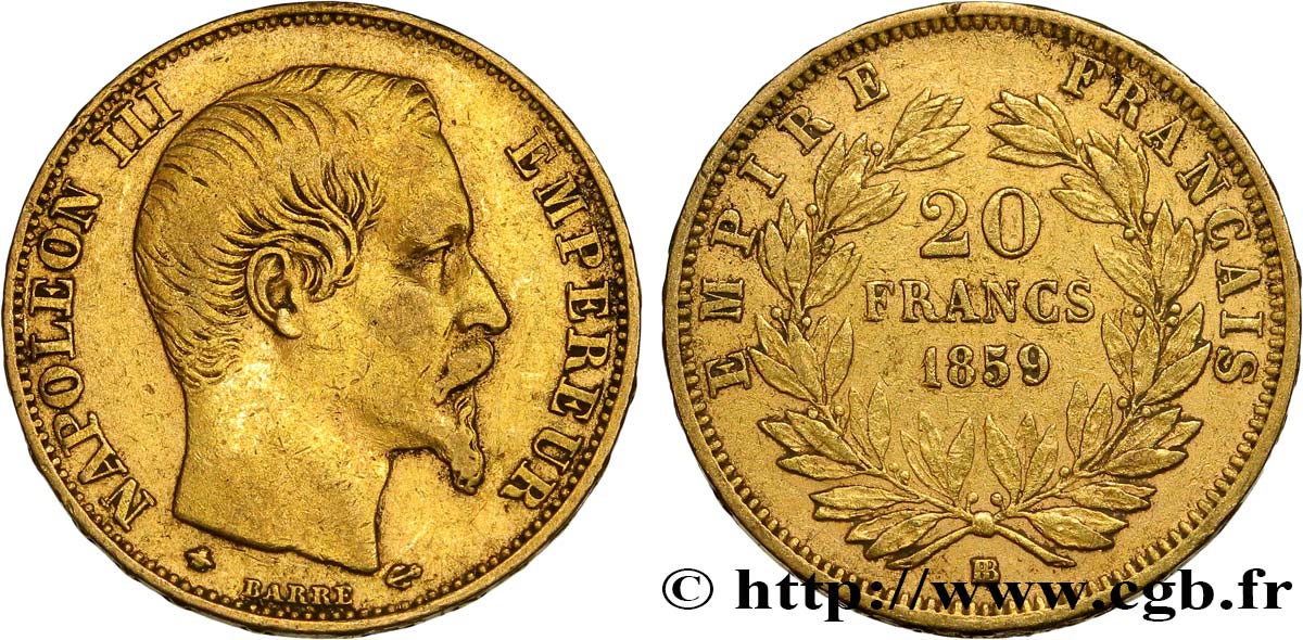 20 francs or Napoléon III, tête nue 1859 Strasbourg F.531/16 VF35 