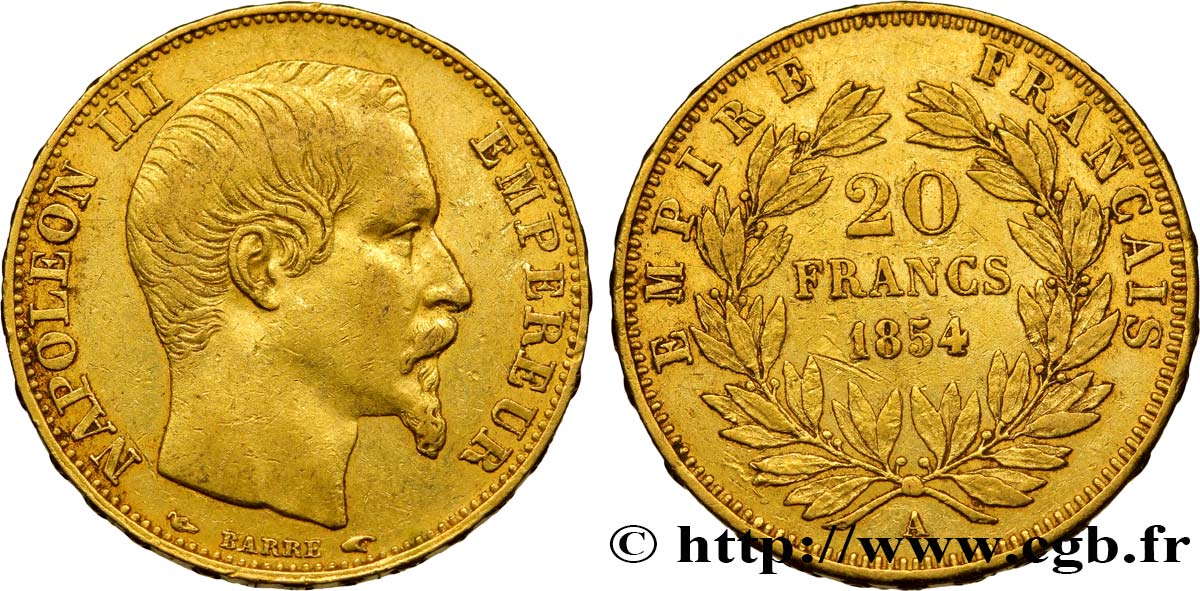 20 francs or Napoléon III, tête nue 1854 Paris F.531/2 SS40 