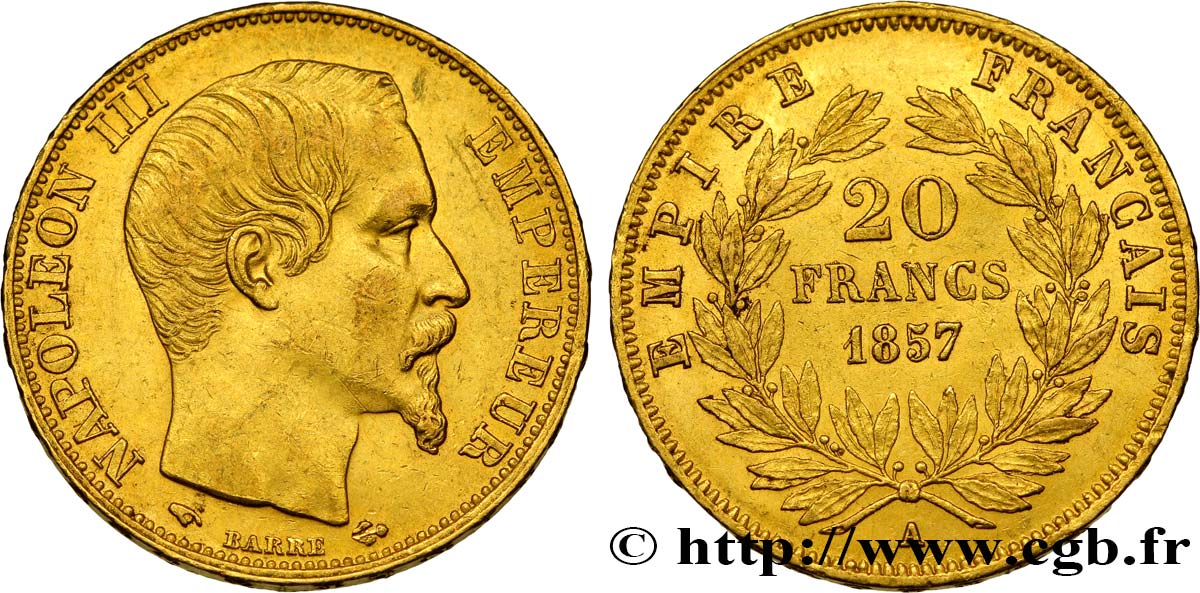 20 francs or Napoléon III, tête nue 1857 Paris F.531/12 SS52 