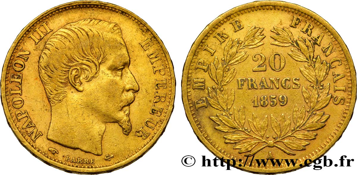 20 francs or Napoléon III, tête nue 1859 Paris F.531/15 VF35 