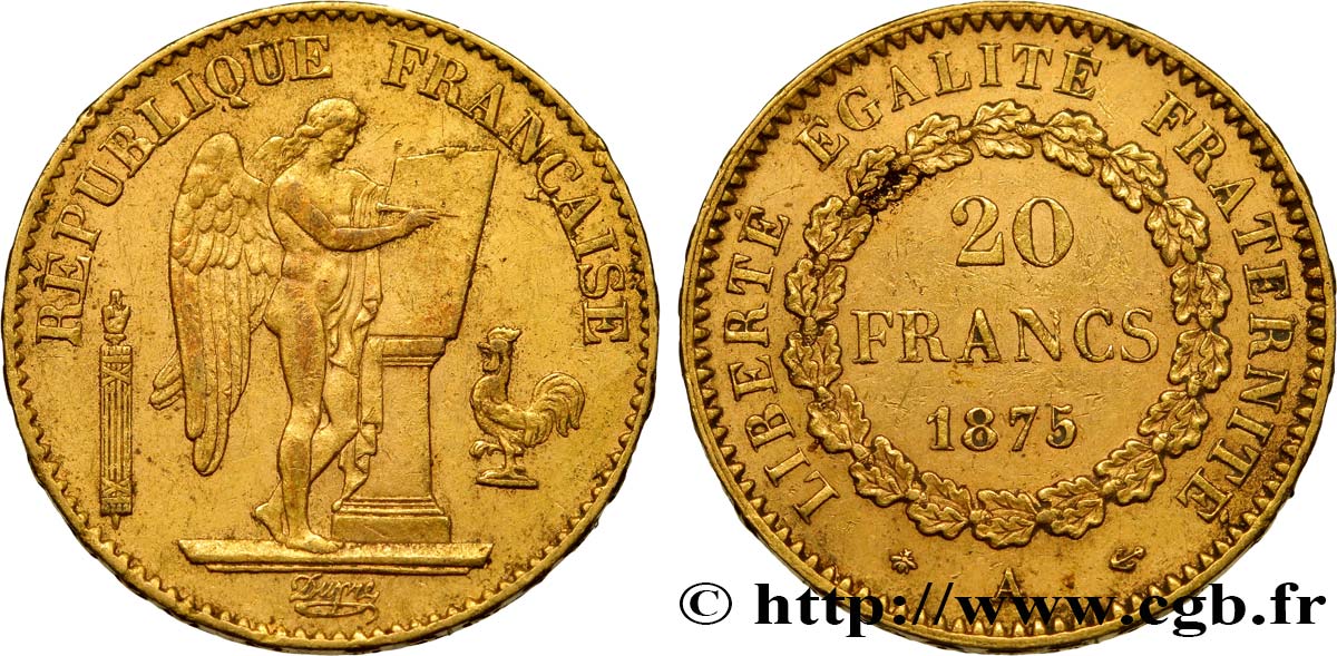 20 francs or Génie, IIIe République 1875 Paris F.533/3 VF30 