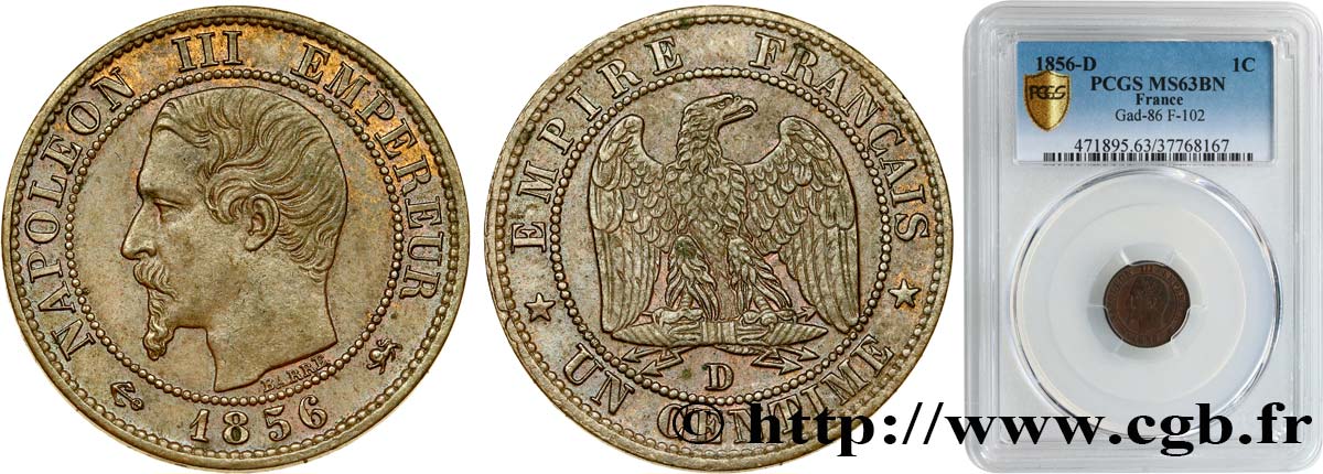 Un centime Napoléon III, tête nue 1856 Lyon F.102/29 SC63 PCGS