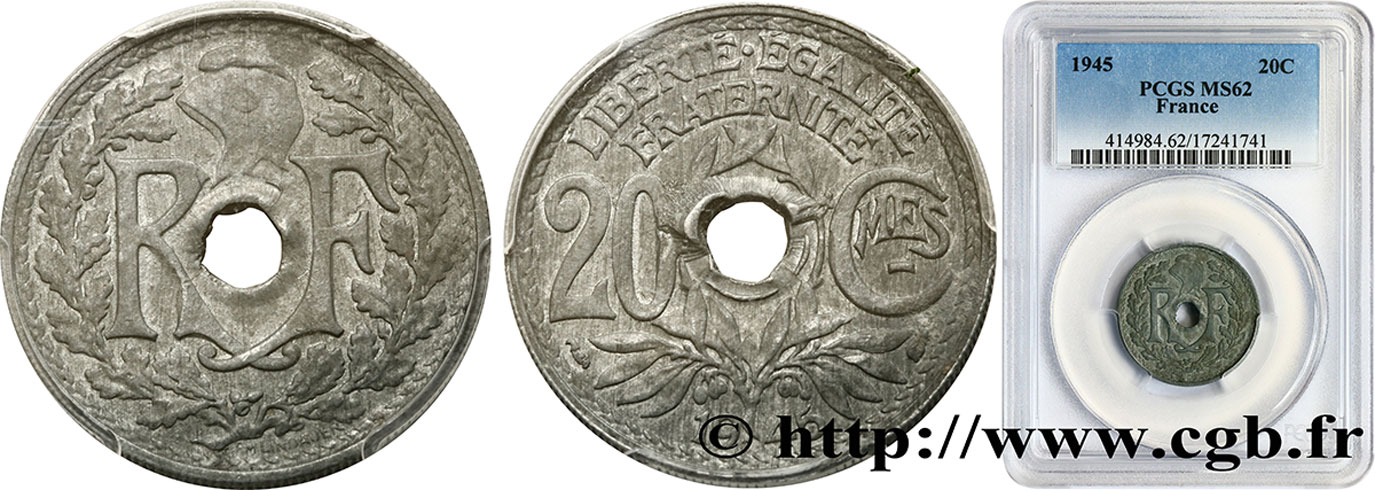 20 centimes Lindauer Zinc 1945  F.155/2 SUP62 PCGS