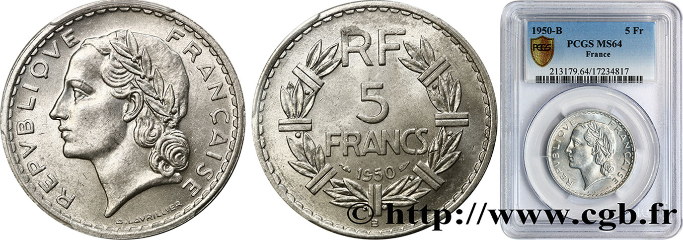 5 francs Lavrillier, aluminium 1950 Beaumont-Le-Roger F.339/21 SC64 PCGS