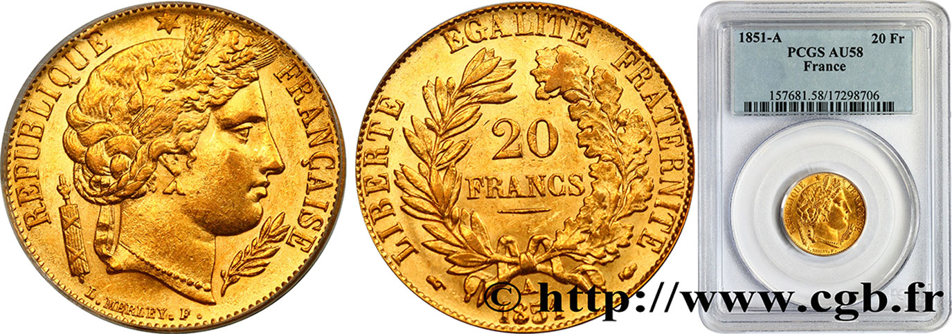 20 francs or Cérès 1851 Paris F.529/4 VZ58 PCGS