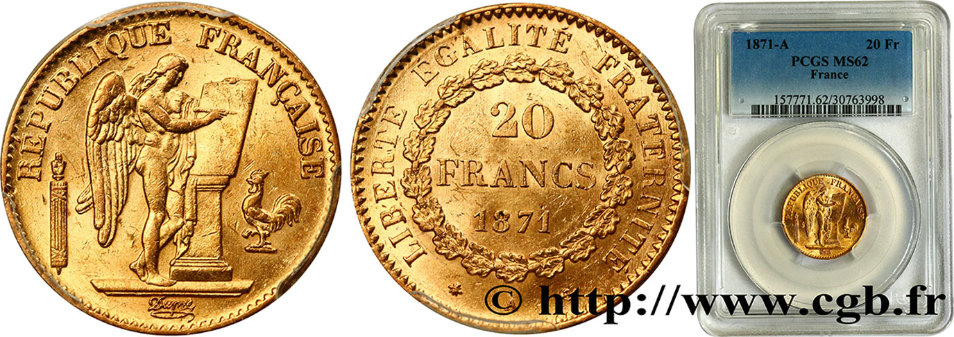 20 francs or Génie, IIIe République 1871 Paris F.533/1 EBC62 PCGS