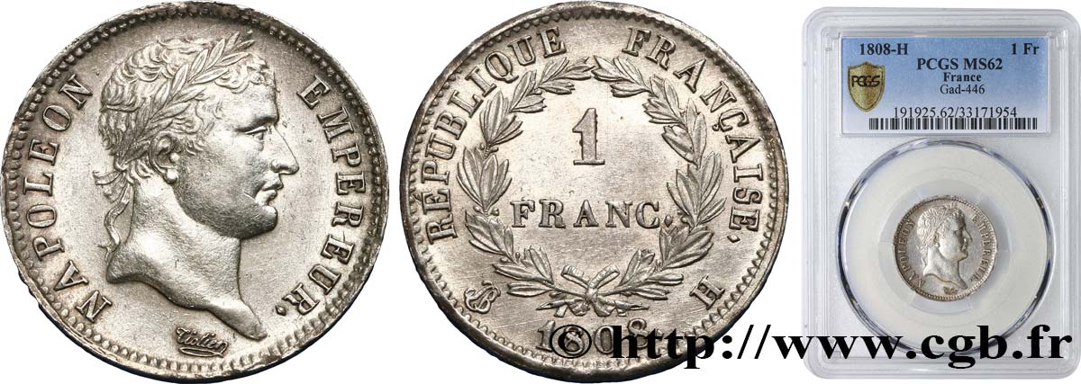1 franc Napoléon Ier tête laurée, République française 1808 La Rochelle F.204/6 SPL62 PCGS
