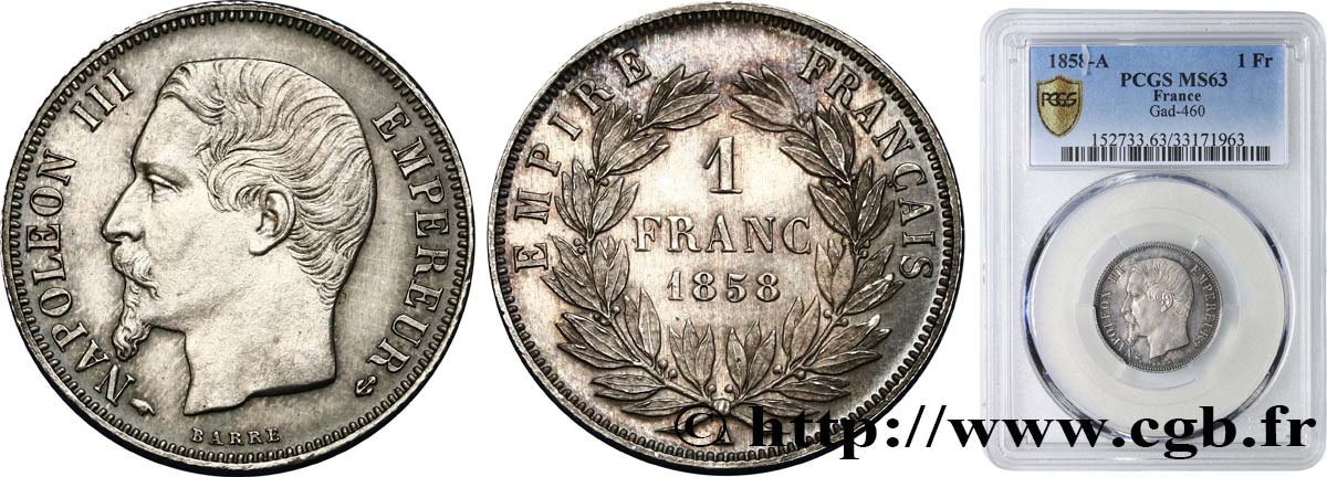 1 franc Napoléon III, tête nue 1858 Paris F.214/11 SPL63 PCGS