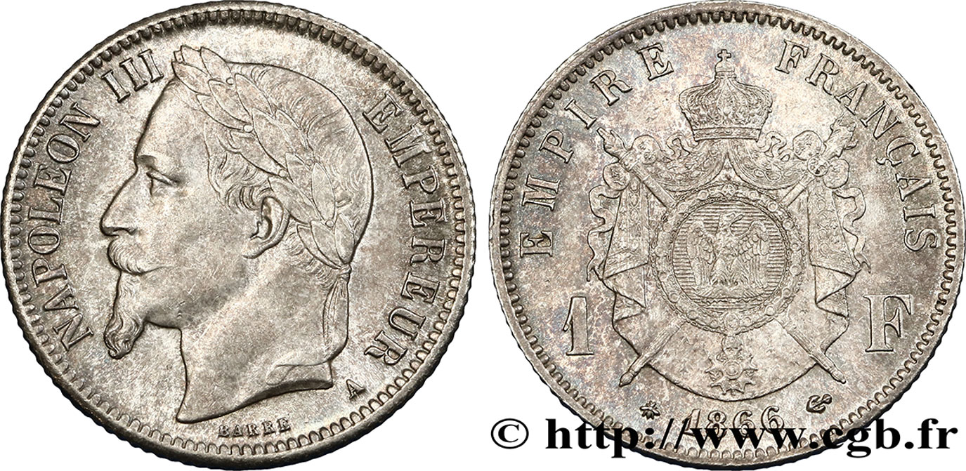 1 franc Napoléon III, tête laurée 1866 Paris F.215/3 MS60 
