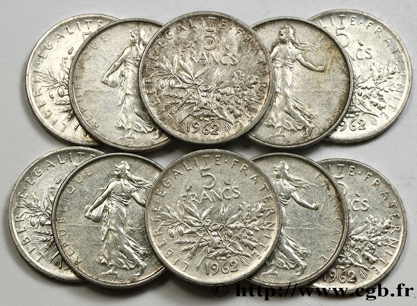 Lot de 10 pièces de 5 francs Semeuse, argent 1962 Paris F.340/6 fmd