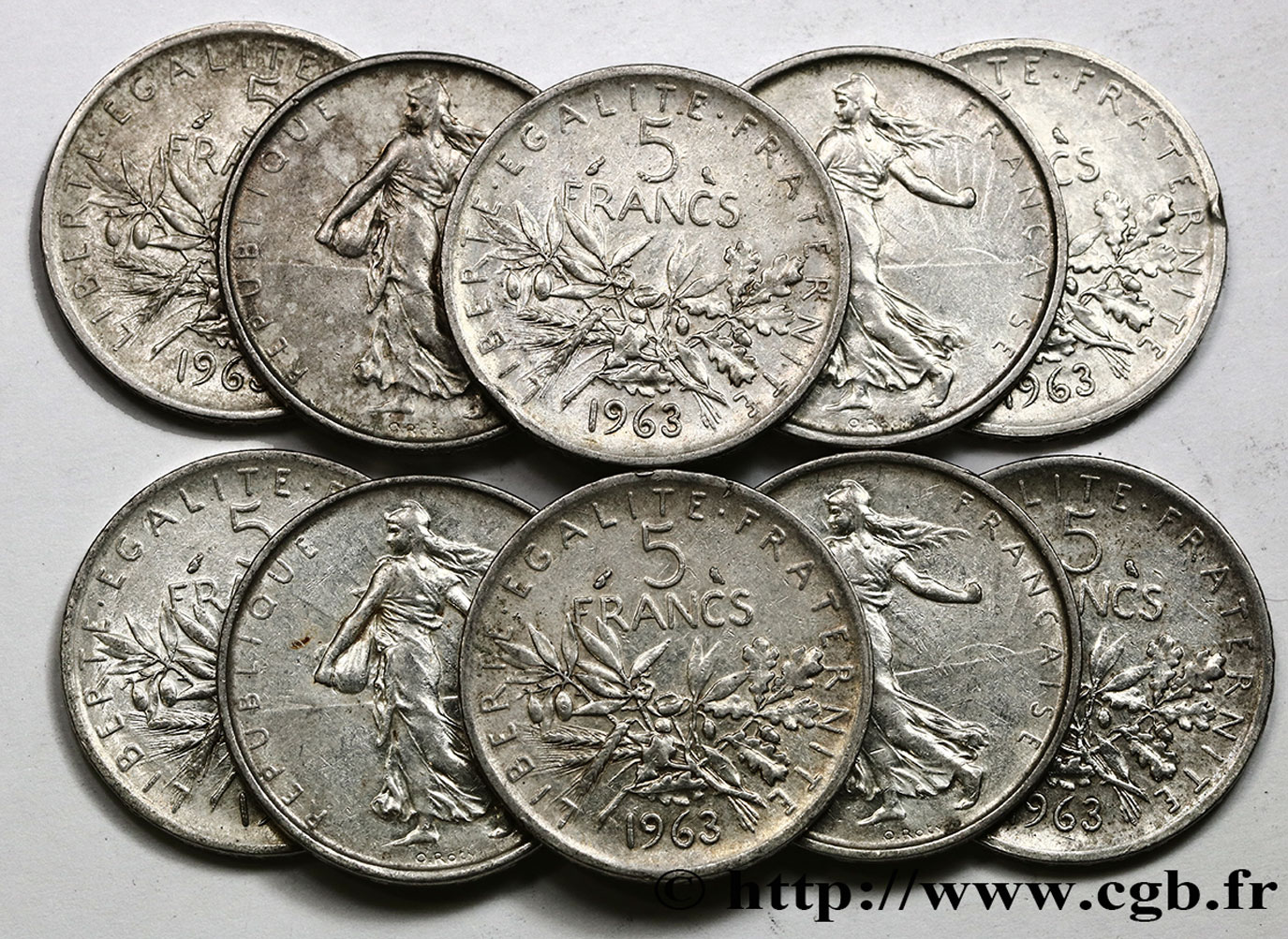 Lot de 10 pièces de 5 francs Semeuse, argent 1963 Paris F.340/7 BB 