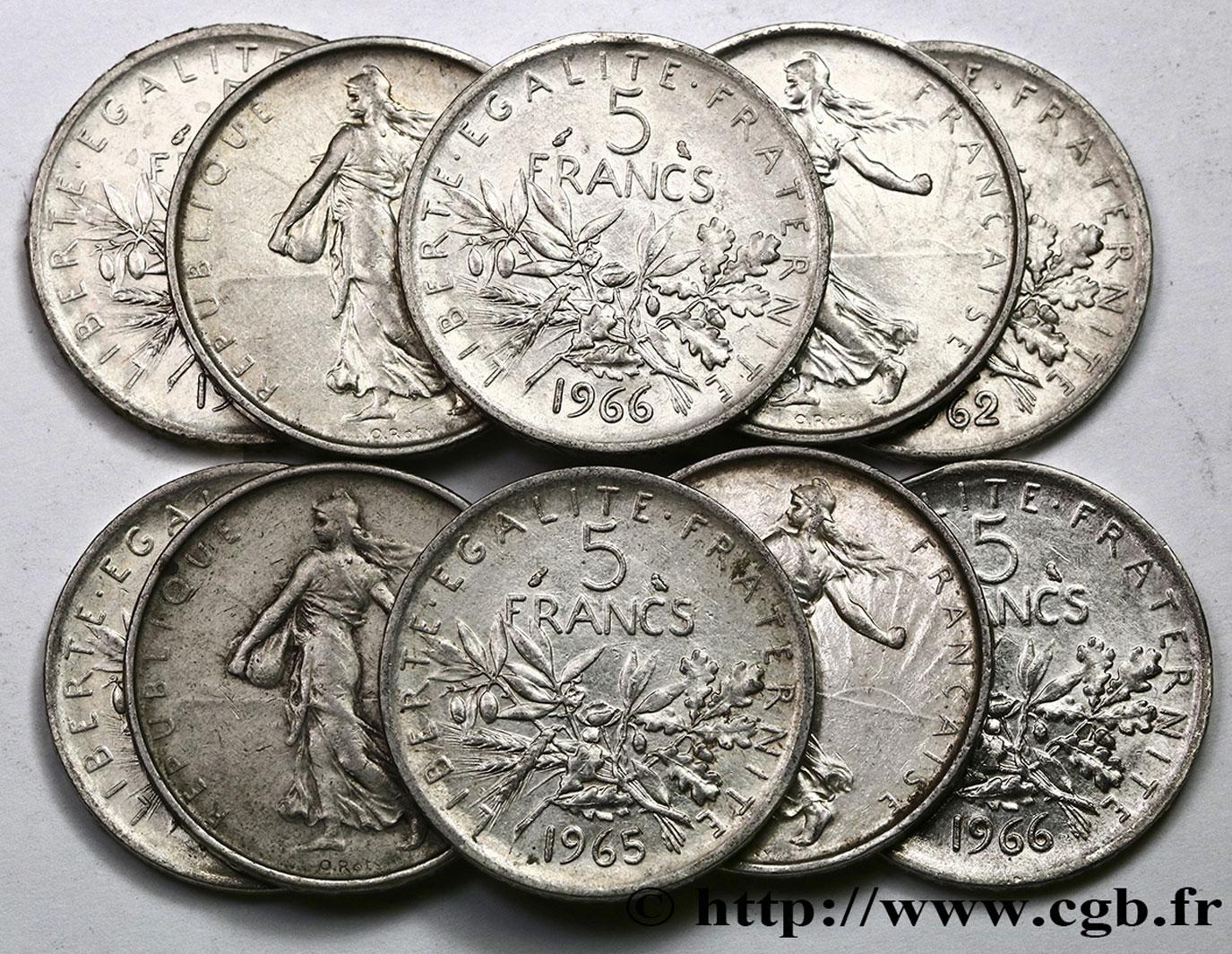 Lot de 10 pièces de 5 francs Semeuse, argent n.d. Paris F.340/8 MBC 