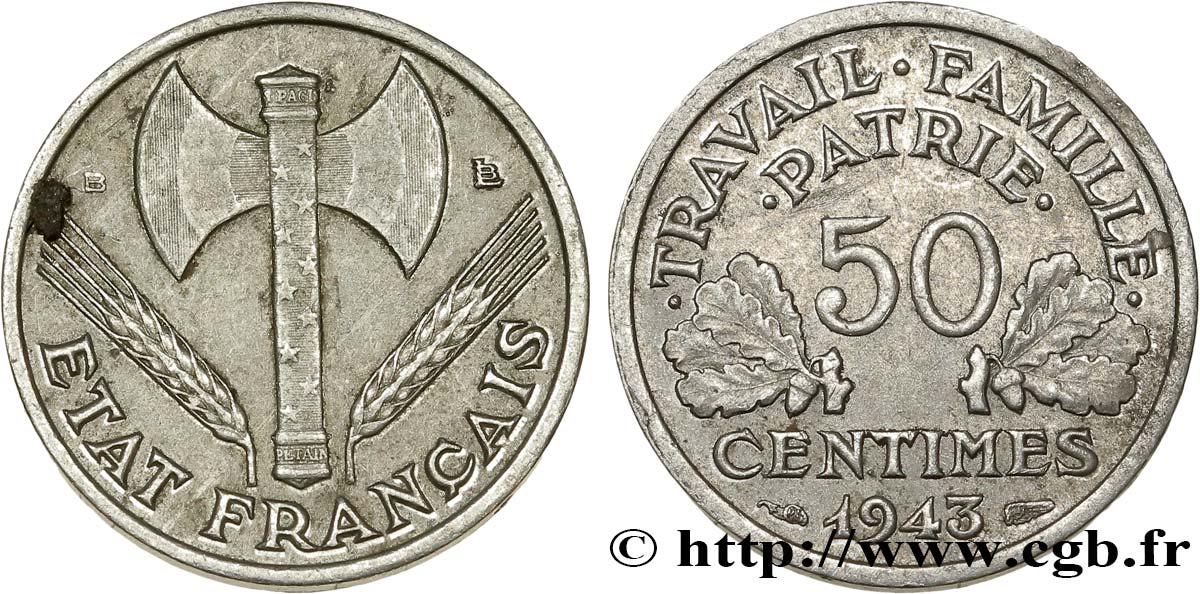 50 centimes Francisque, légère 1943 Beaumont-Le-Roger F.196/3 BB48 