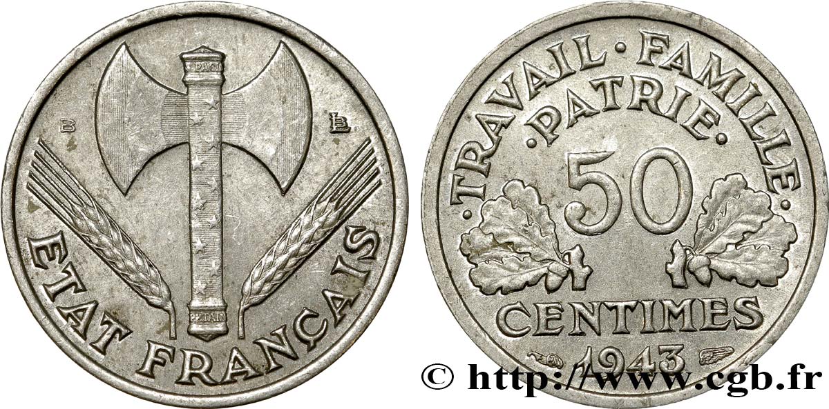 50 centimes Francisque, légère 1943 Beaumont-Le-Roger F.196/3 XF48 