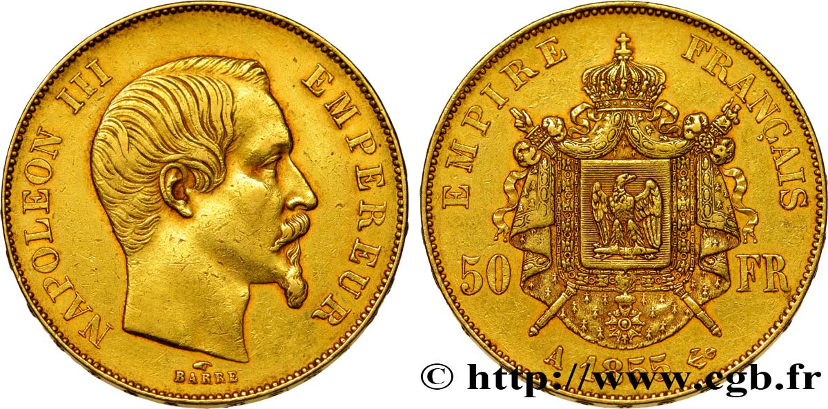 50 francs or Napoléon III, tête nue 1855 Paris F.547/1 XF40 