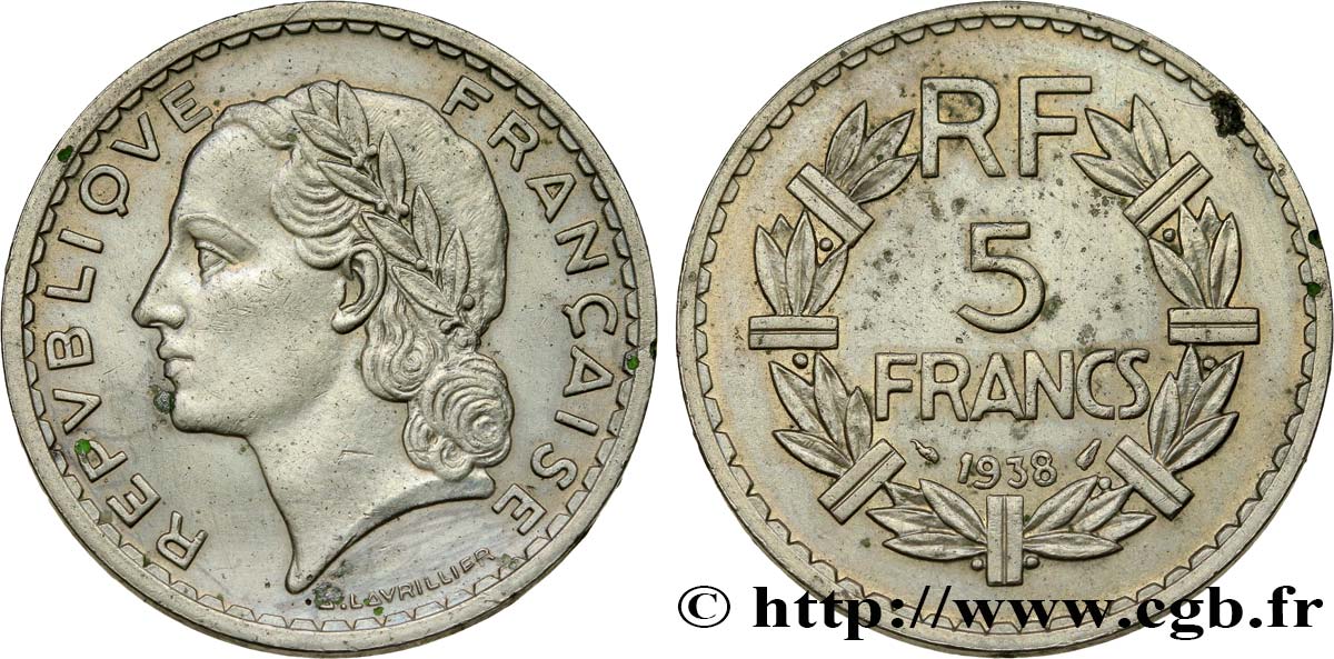 5 francs Lavrillier, nickel 1938  F.336/7 TTB52 