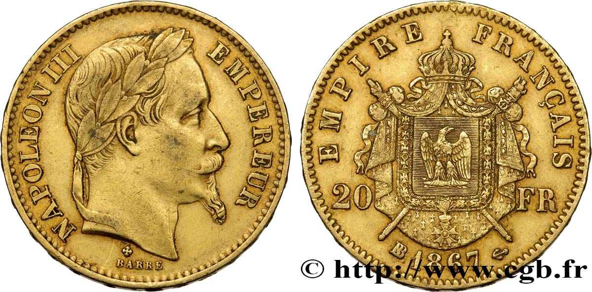 20 francs or Napoléon III, tête laurée, petit BB 1867 Strasbourg F.532/16 SS40 