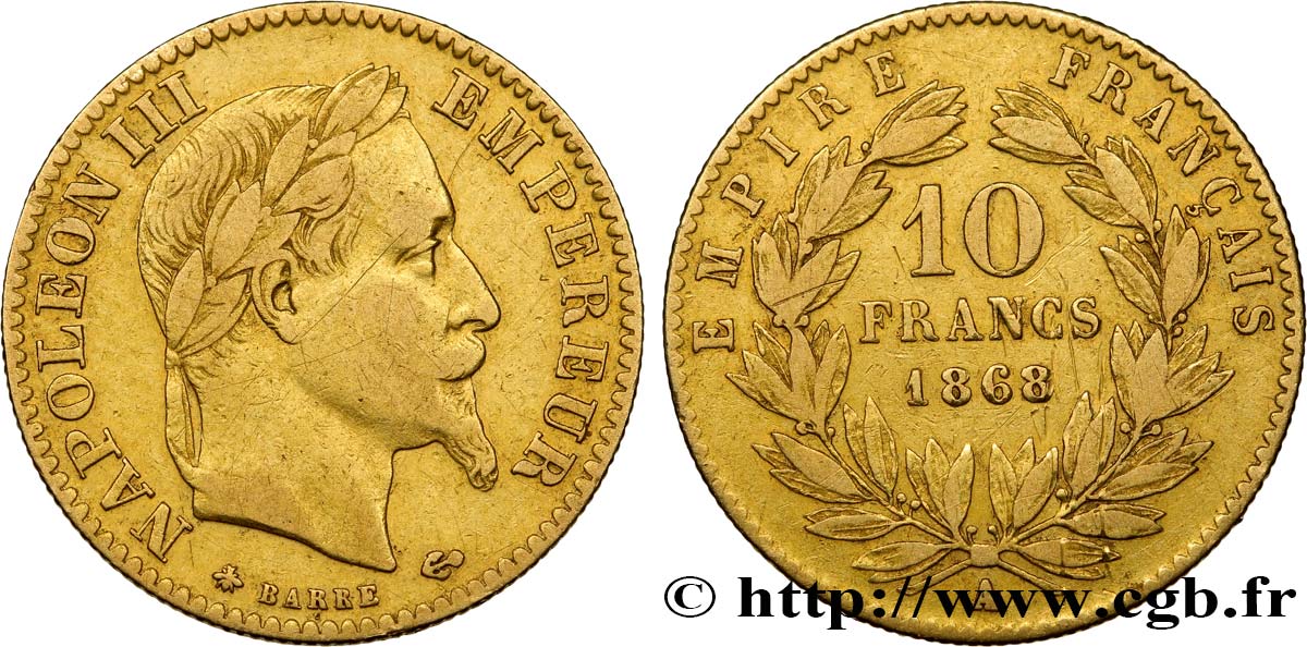 10 francs or Napoléon III, tête laurée, type définitif à grand 10 1868 Paris F.507A/17 TB35 