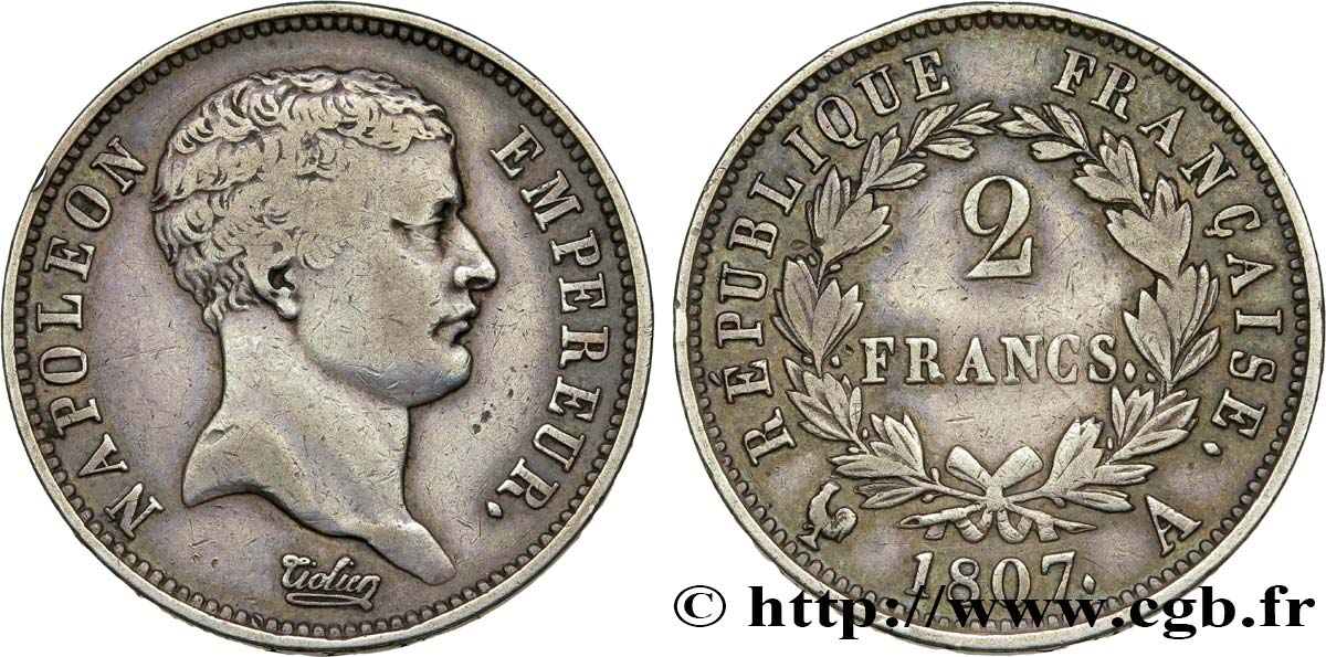 2 francs Napoléon Empereur, tête de nègre 1807 Paris F.253/1 MBC40 