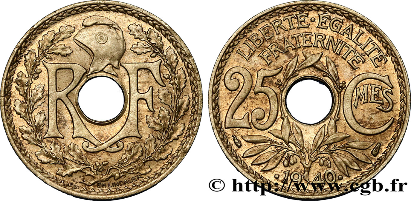 25 centimes Lindauer, maillechort 1940  F.172/4 AU55 