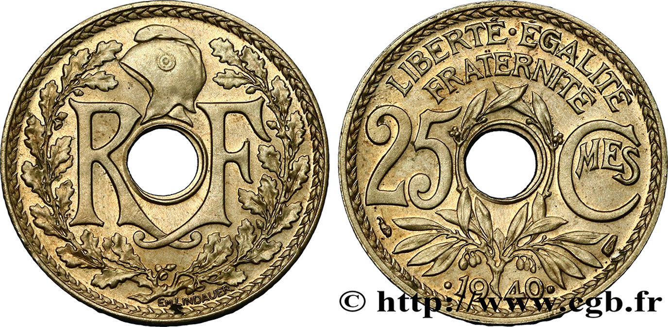 25 centimes Lindauer, maillechort 1940  F.172/4 SUP55 