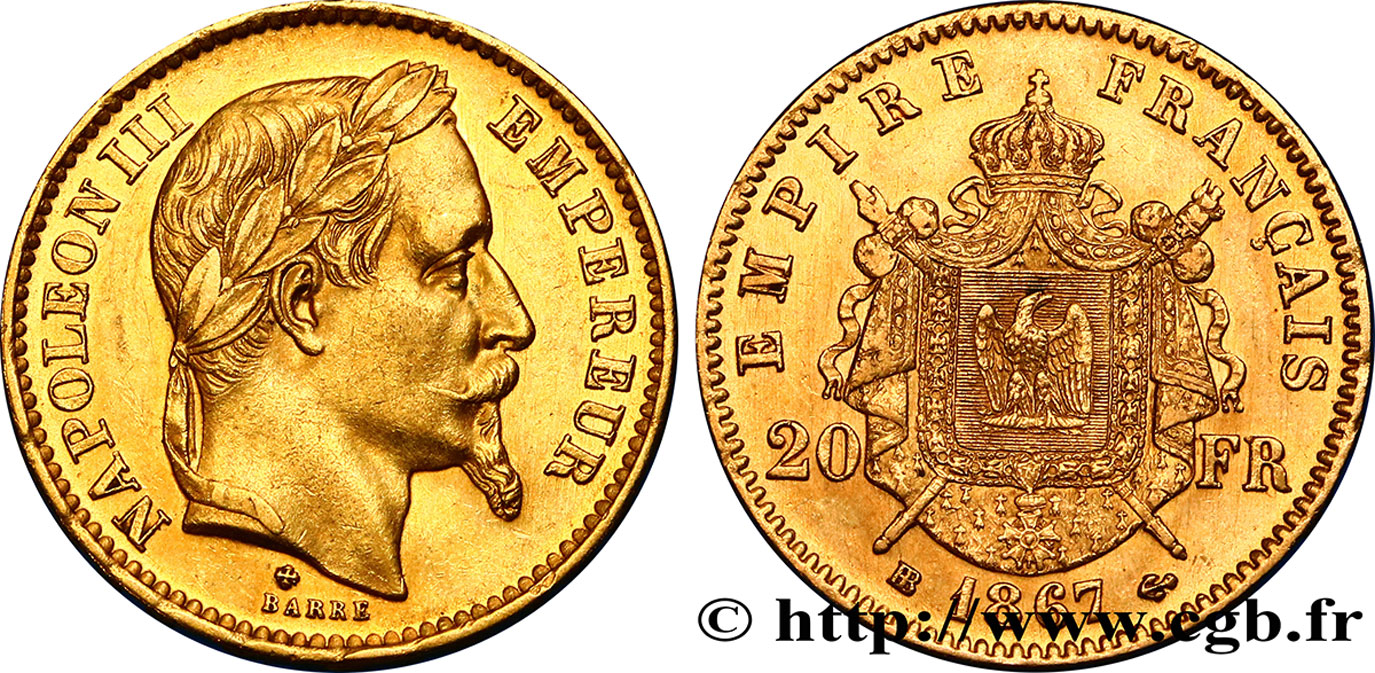 20 francs or Napoléon III, tête laurée 1867 Strasbourg F.532/16 AU55 