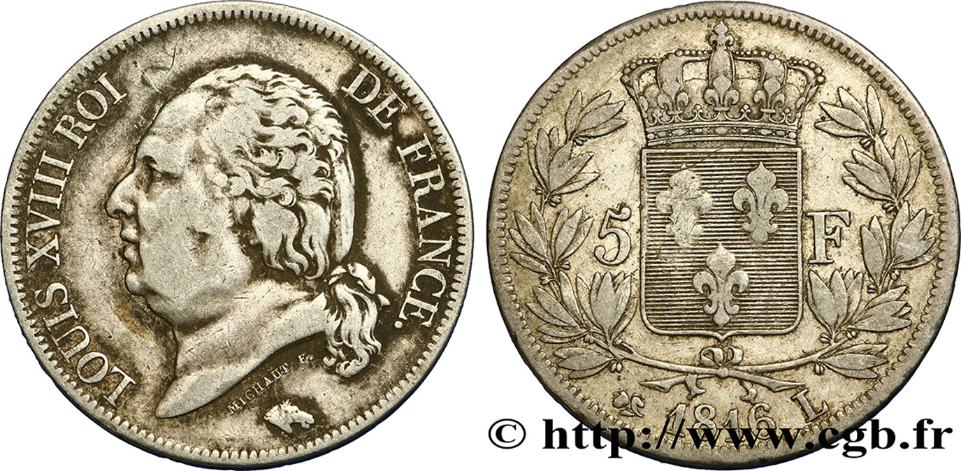 5 francs Louis XVIII, tête nue 1816 Bayonne F.309/8 TB35 
