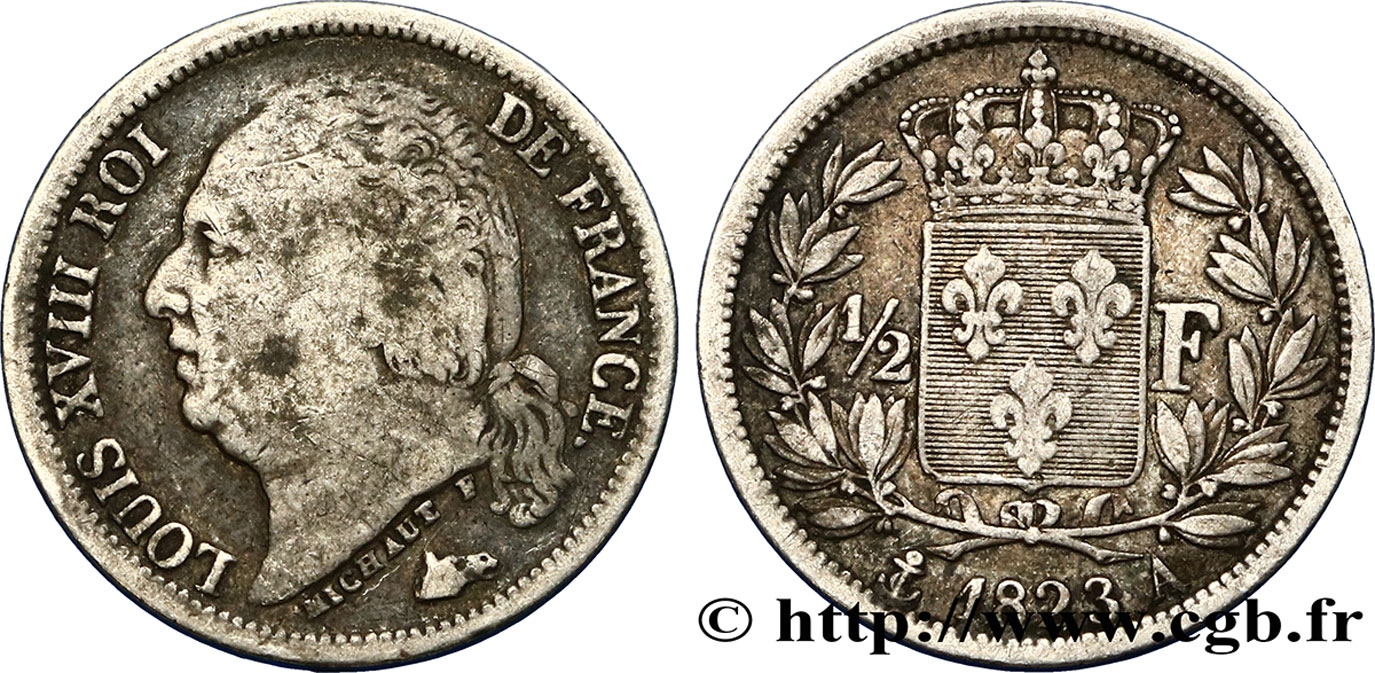 1/2 franc Louis XVIII 1823 Paris F.179/34 TB25 