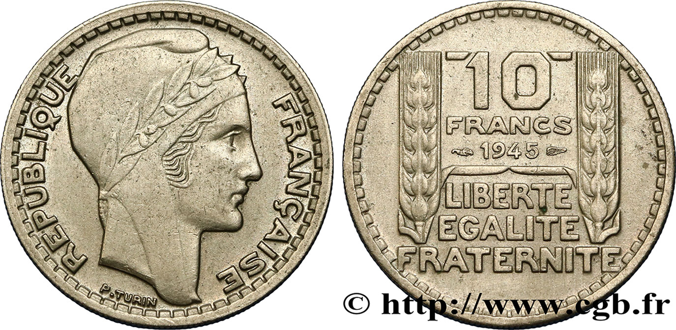 10 francs Turin, grosse tête, rameaux courts 1945  F.361A/1 TTB52 