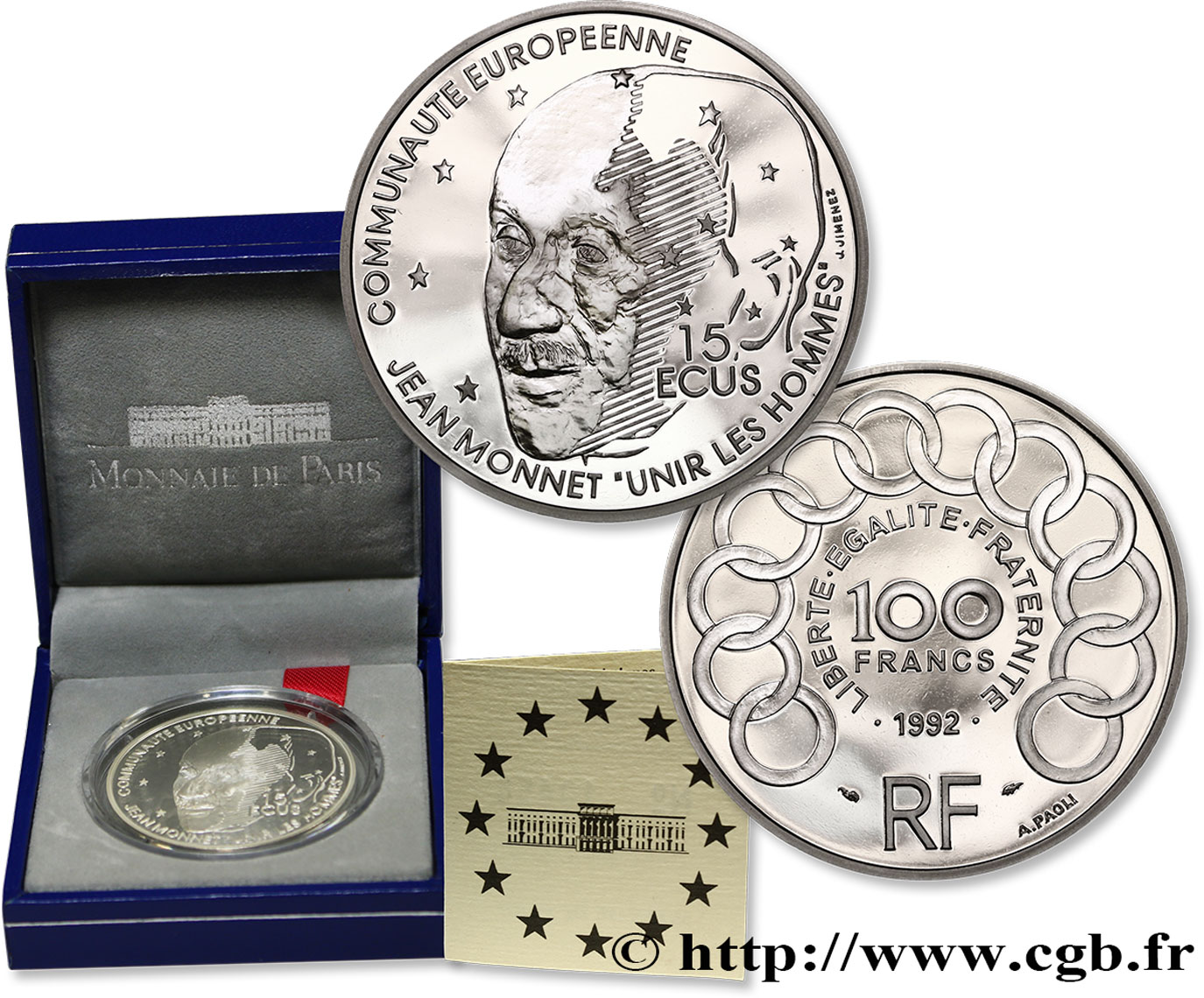 Belle Épreuve 15 écus / 100 francs Jean Monnet 1992 Paris F5.2002 1 FDC 