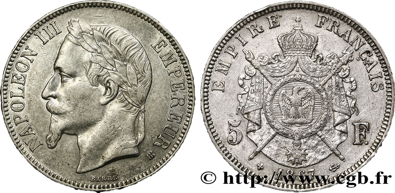 5 francs Napoléon III, tête laurée 1867 Strasbourg F.331/11 XF45 