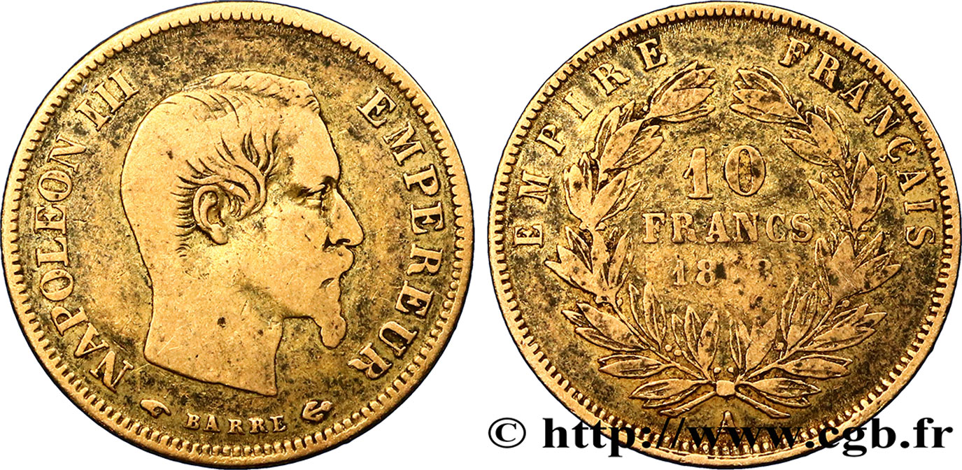 10 francs or Napoléon III, tête nue, grand module 1858 Paris F.506/5 TB15 