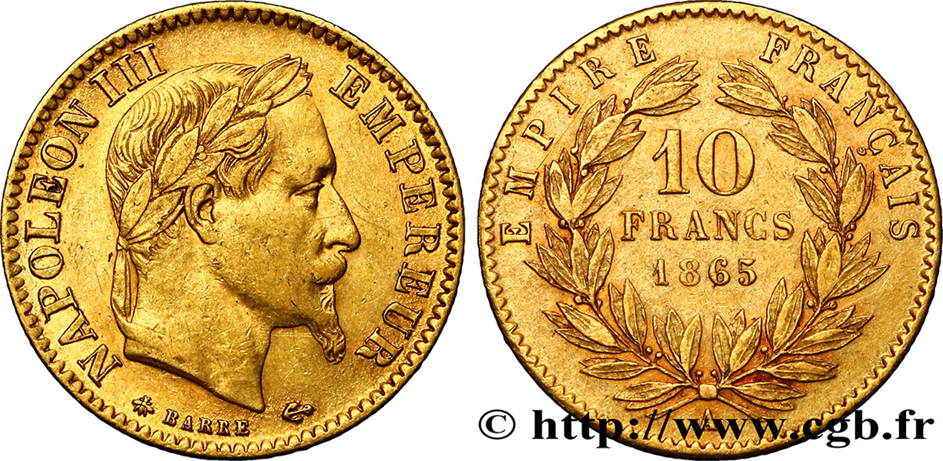 10 francs or Napoléon III, tête laurée 1865 Paris F.507A/9 MBC40 