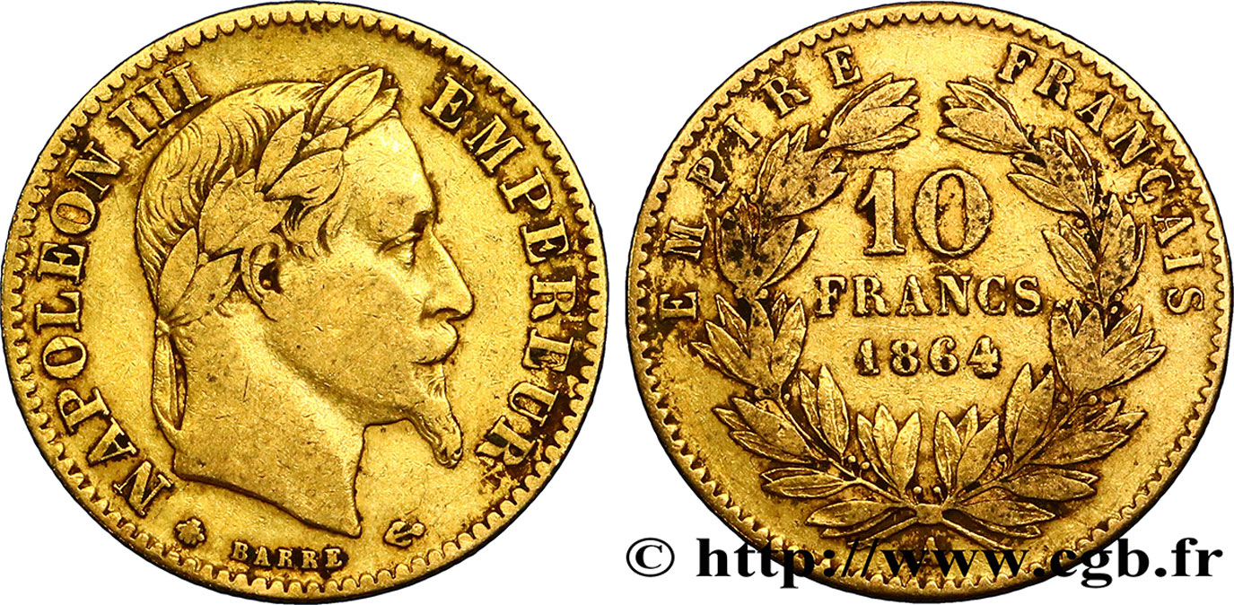10 francs or Napoléon III, tête laurée, type définitif à grand 10 1864 Paris F.507A/6 TB30 