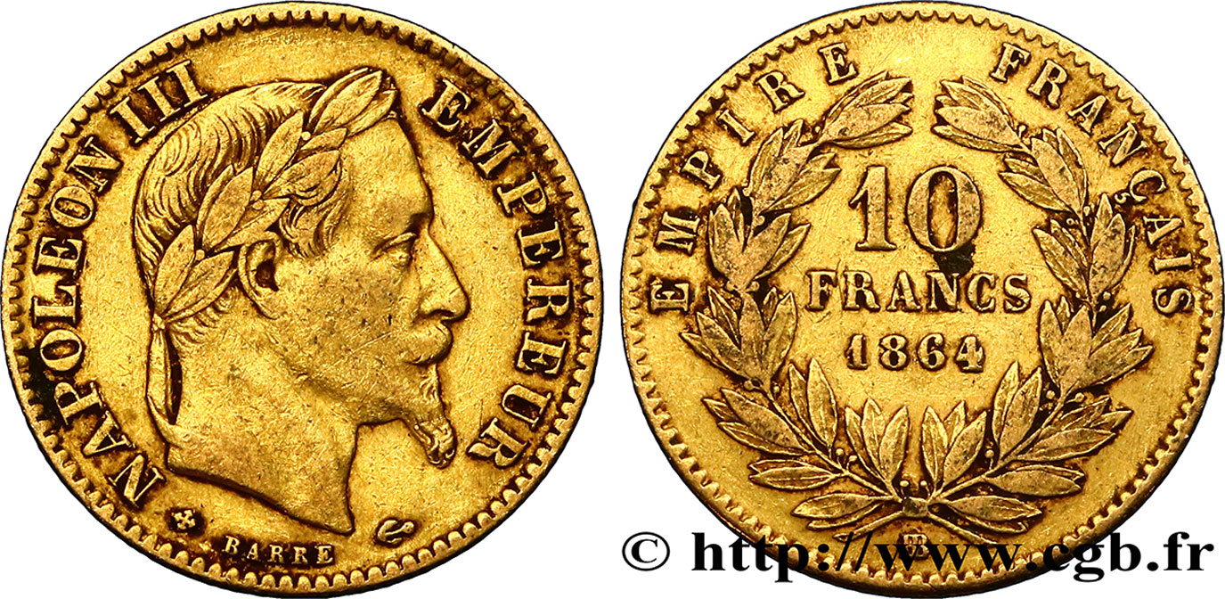 10 francs or Napoléon III, tête laurée 1864 Strasbourg F.507A/7 TB30 