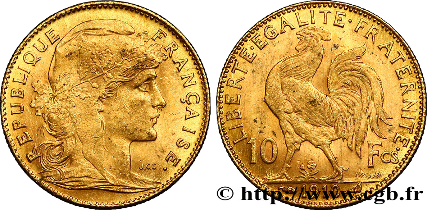 10 francs or Coq 1910 Paris F.509/11 XF48 