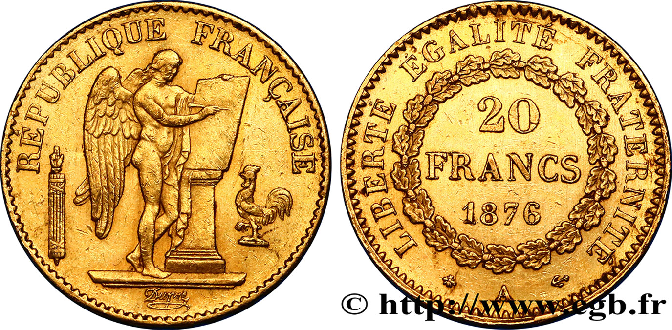20 francs or Génie, Troisième République 1876 Paris F.533/4 XF45 