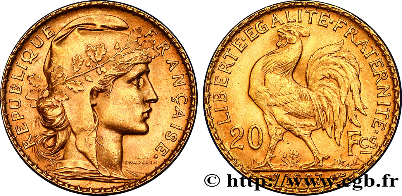 20 francs or Coq, Liberté Égalité Fraternité 1907 Paris F.535/1 SUP55 