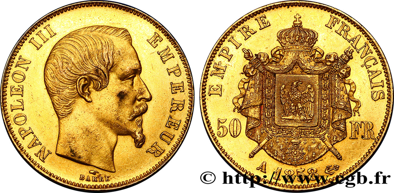 50 francs or Napoléon III, tête nue 1858 Paris F.547/5 MBC48 