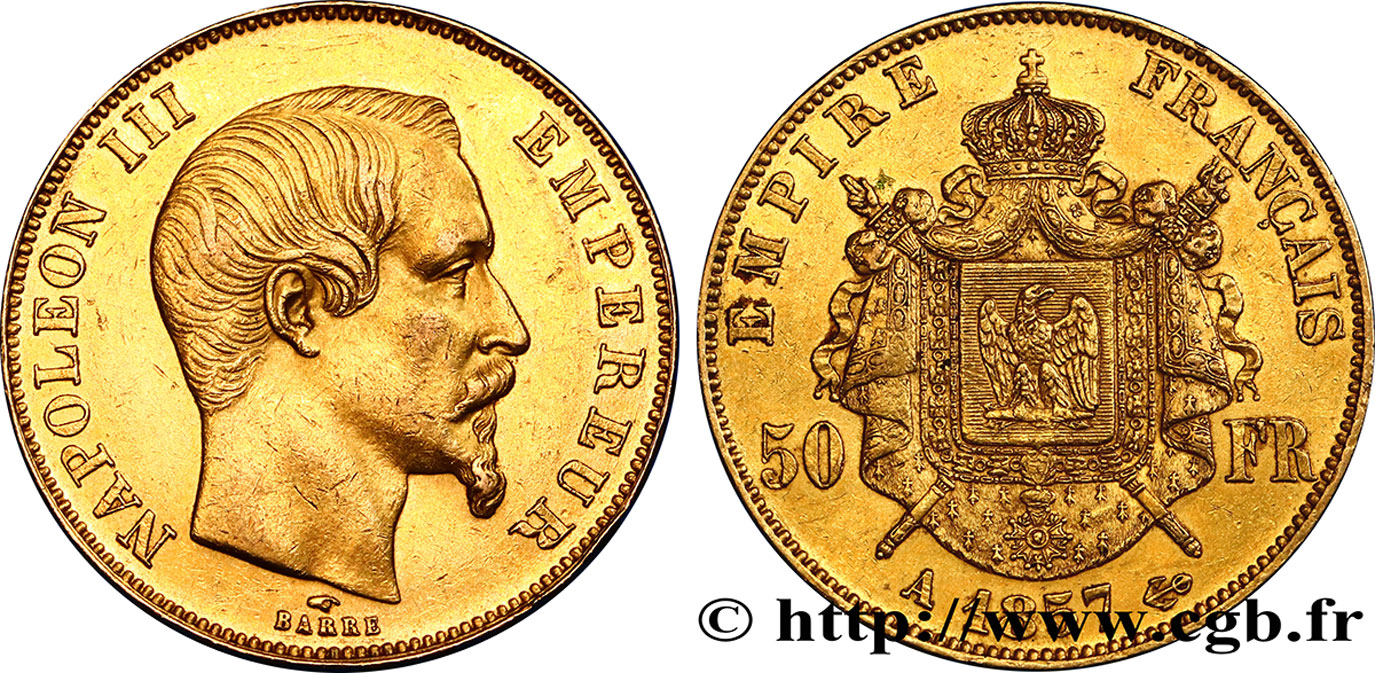 50 francs or Napoléon III, tête nue 1857 Paris F.547/4 XF40 