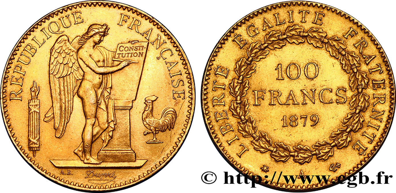 100 francs or Génie, tranche inscrite en relief Dieu protège la France 1879 Paris F.552/3 TTB52 